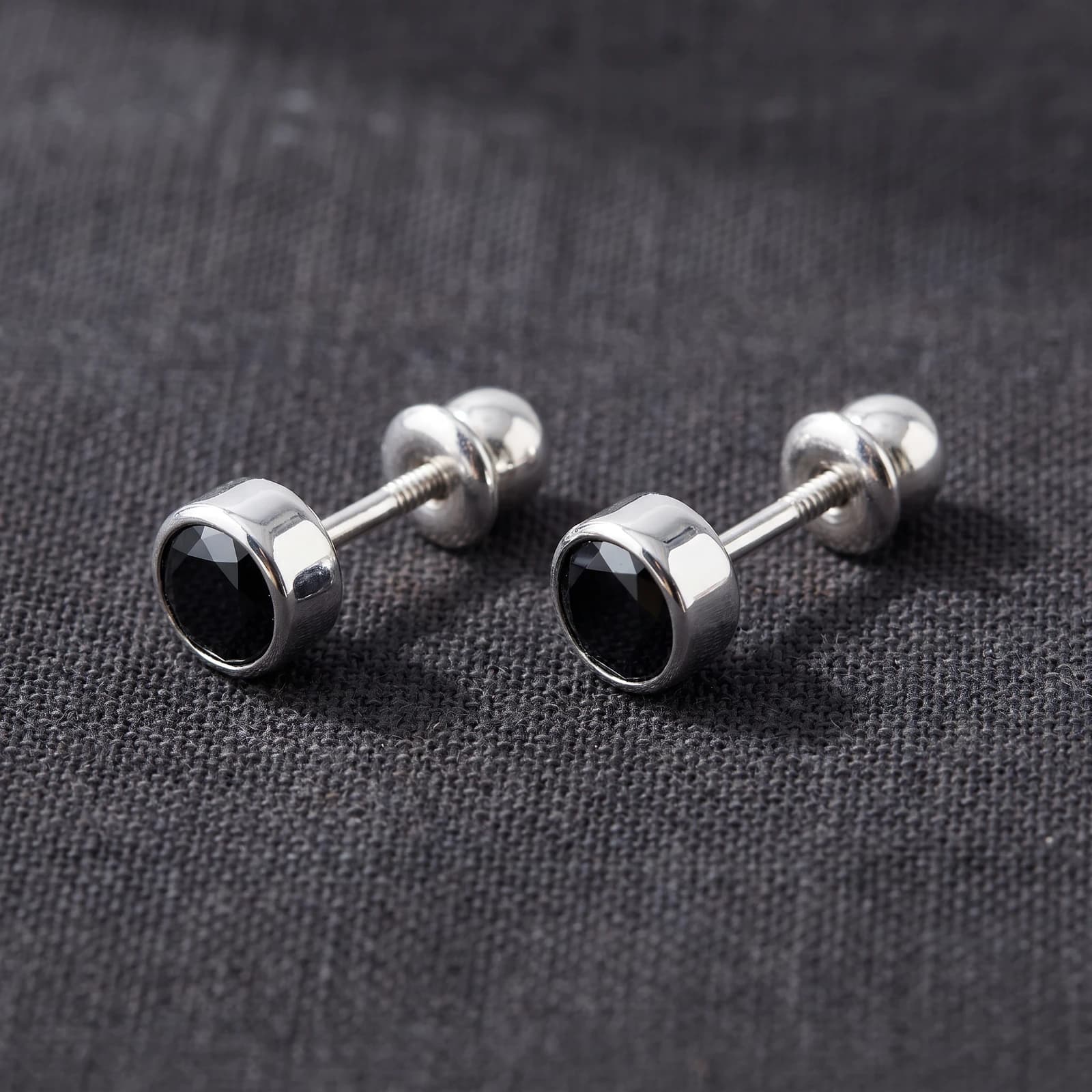 925 Silver Black CZ Ear Studs for Men · Screw-Back Pair