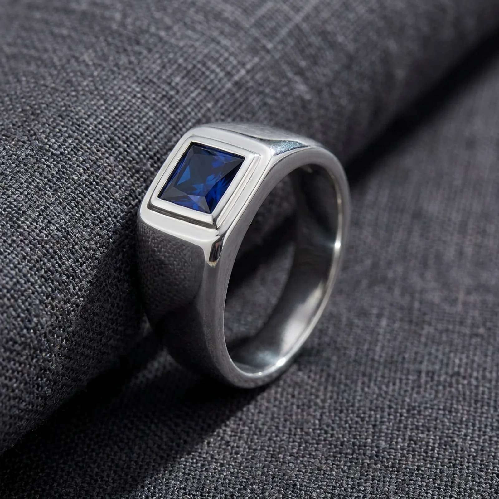 925 silver ring for men with stone square blue cz