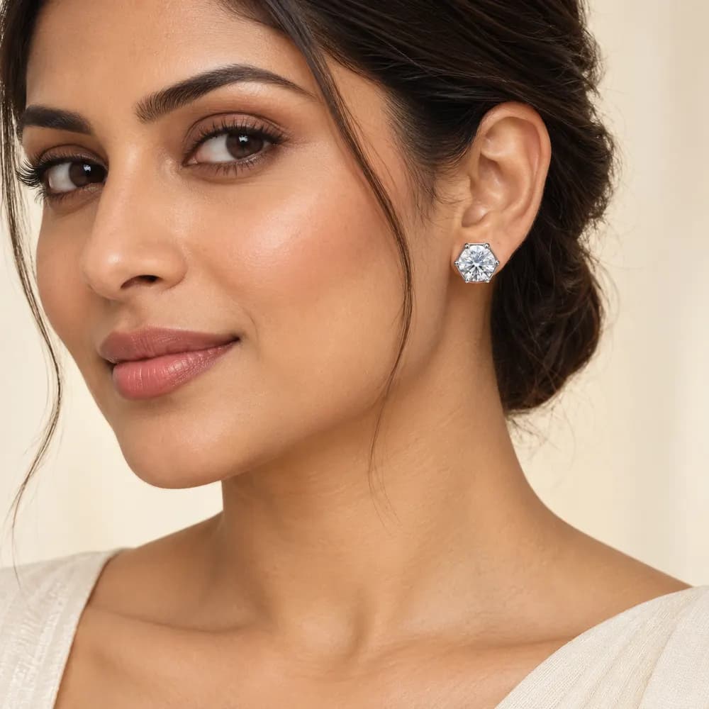 10mm Hexagonal Basket Moissanite Stud Earrings — second view