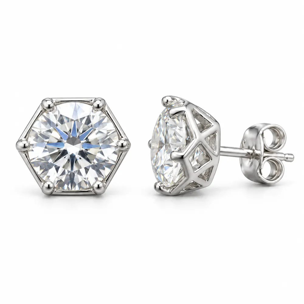 10mm Hexagonal Basket Moissanite Stud Earrings