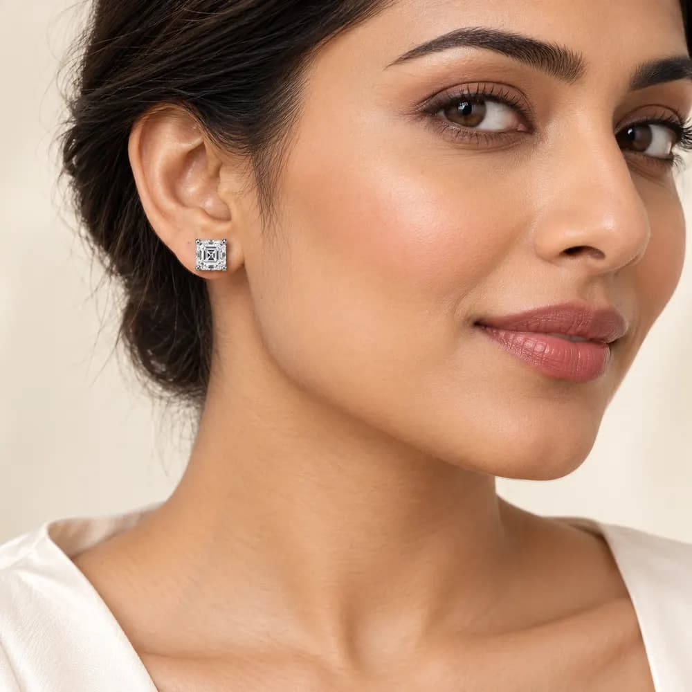 7mm Asscher-Cut Moissanite Stud Earrings — second view
