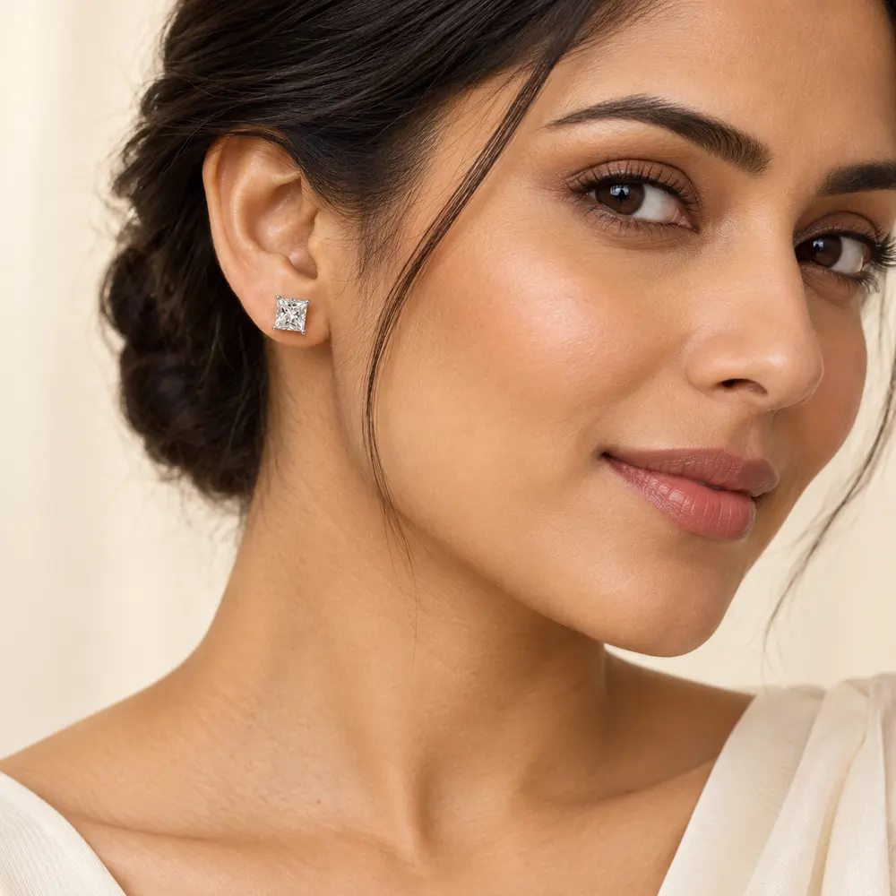 7mm Princess-Cut Moissanite Stud Earrings — second view