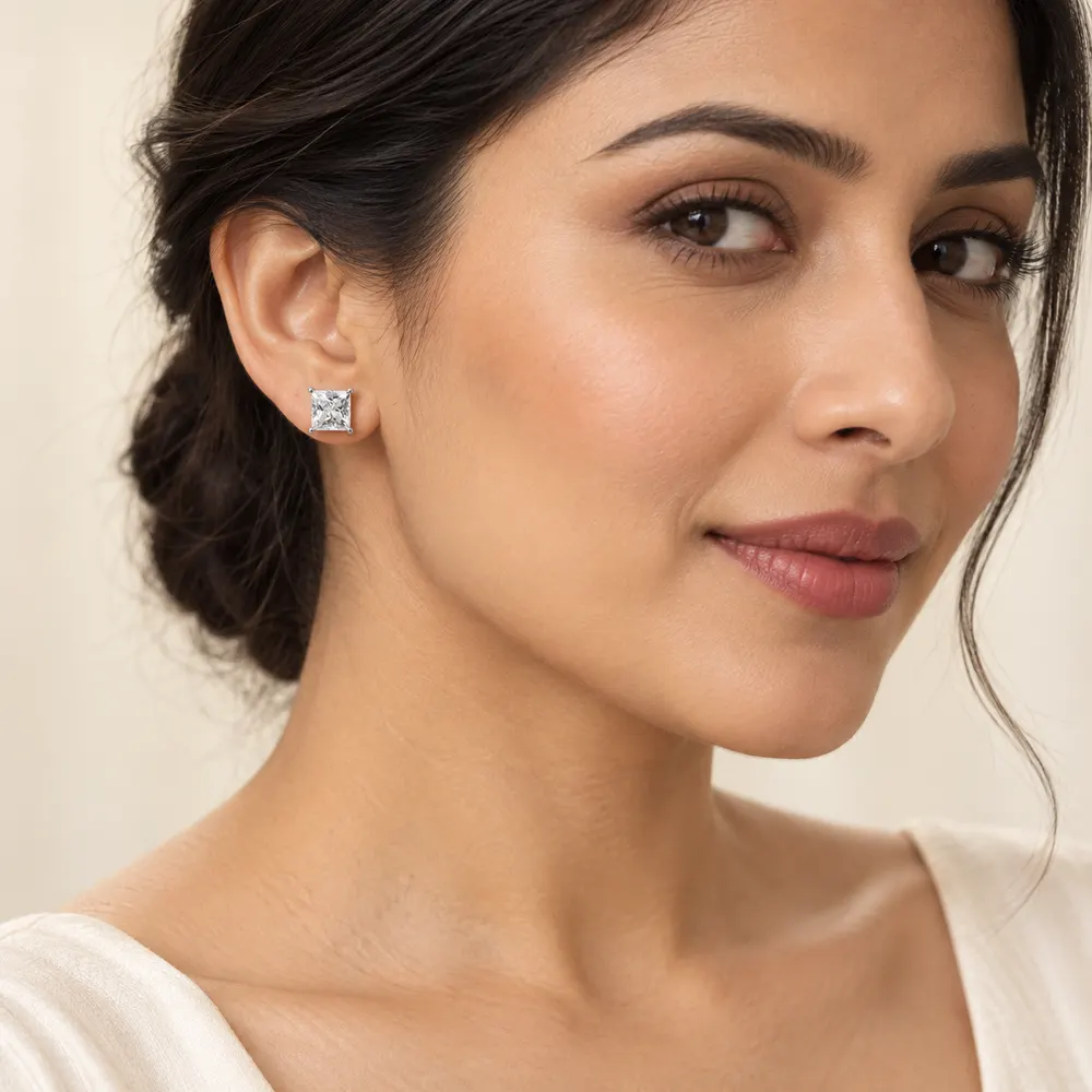 8mm Princess-Cut Moissanite Stud Earrings — second view