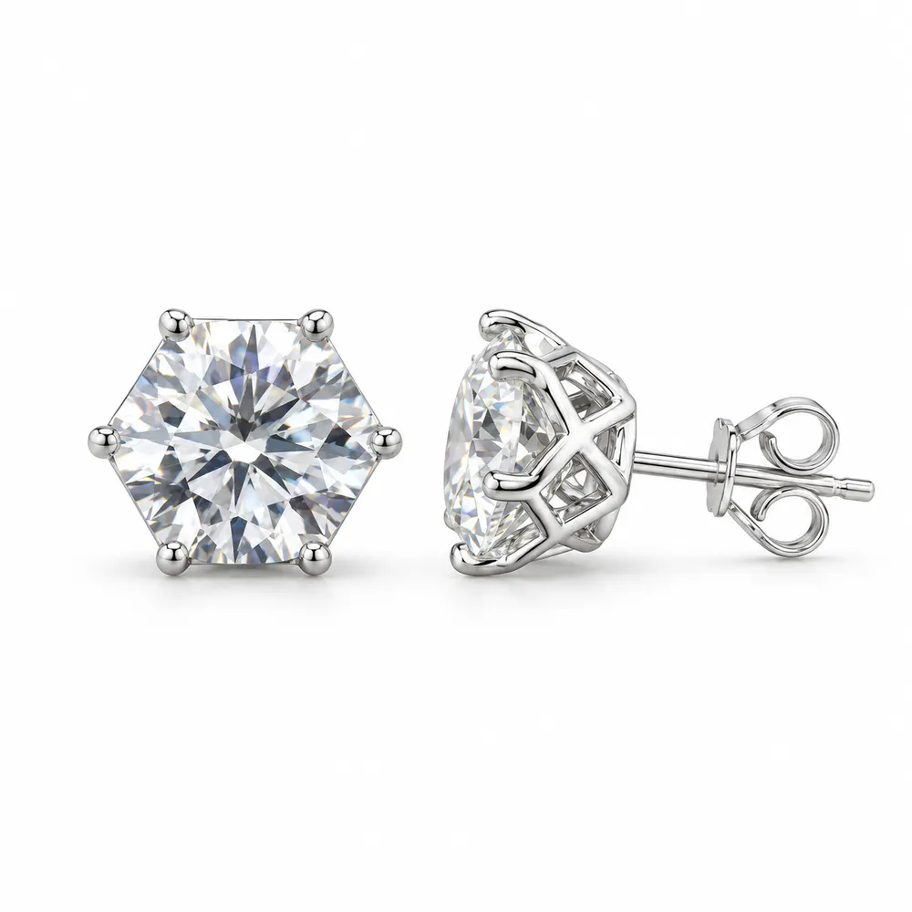 9.5mm Hexagonal Basket Moissanite Stud Earrings