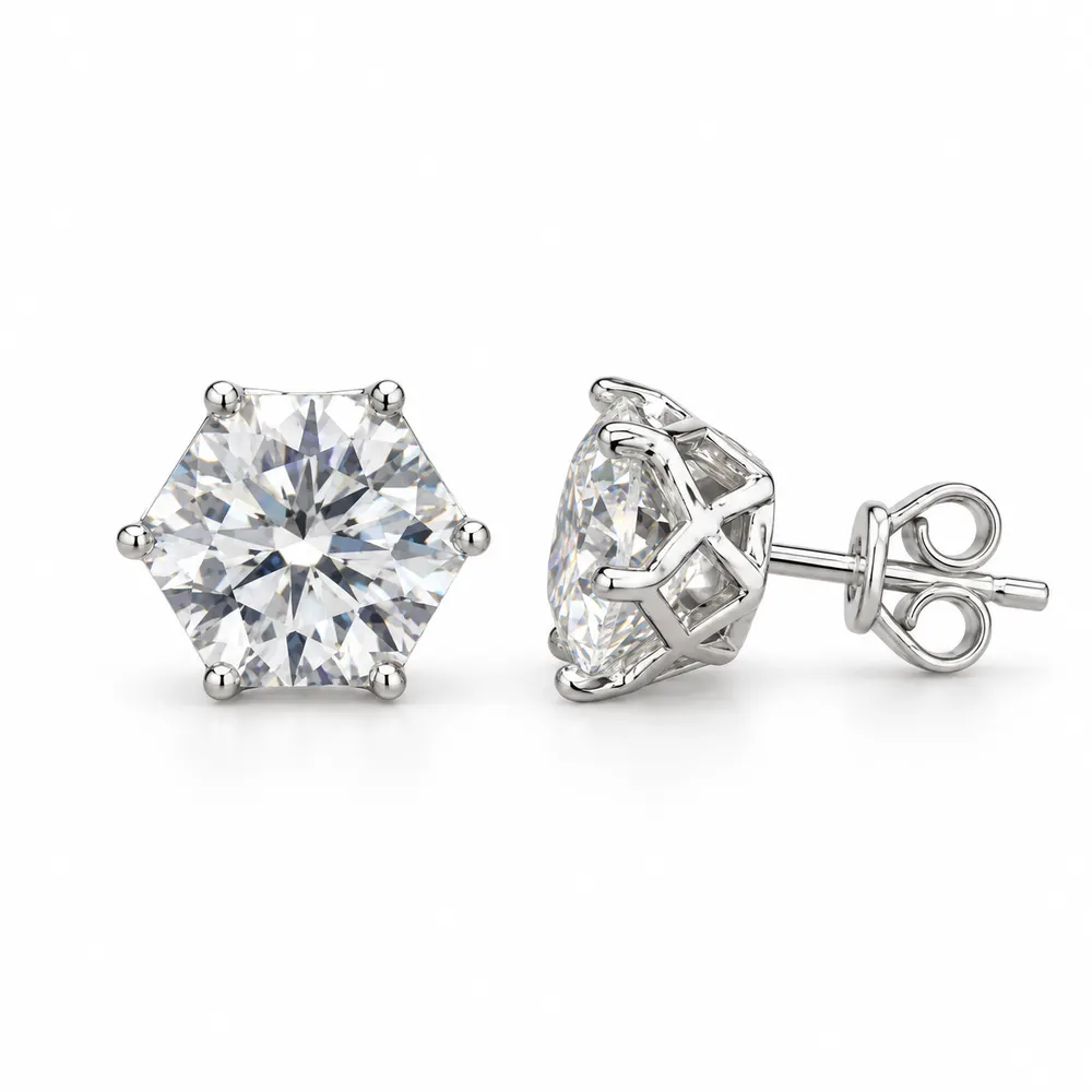 9mm Hexagonal Basket Moissanite Stud Earrings