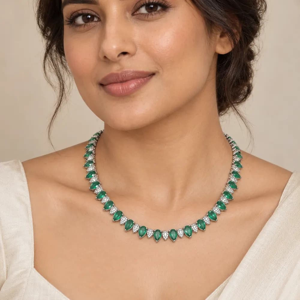 Alternating Emerald Pear Moissanite Tennis Necklace — second view