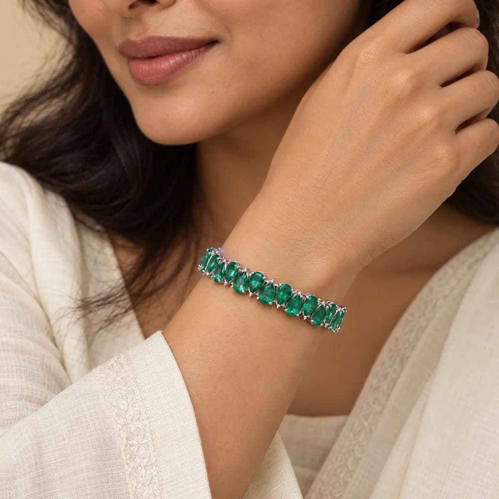 Alternating Pear Emerald Moissanite Tennis Bracelet — second view