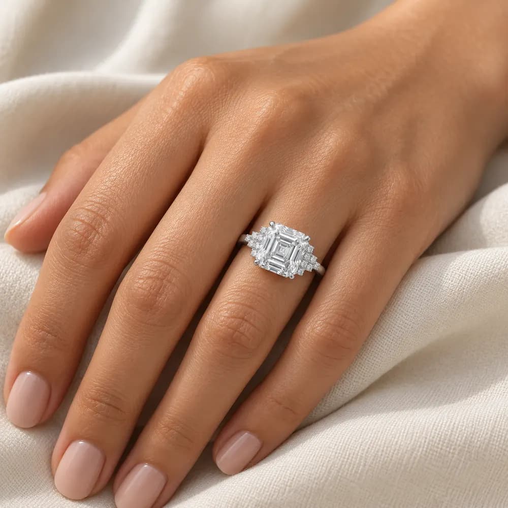 Asscher-Cut Stepped Cluster Moissanite Ring — second view