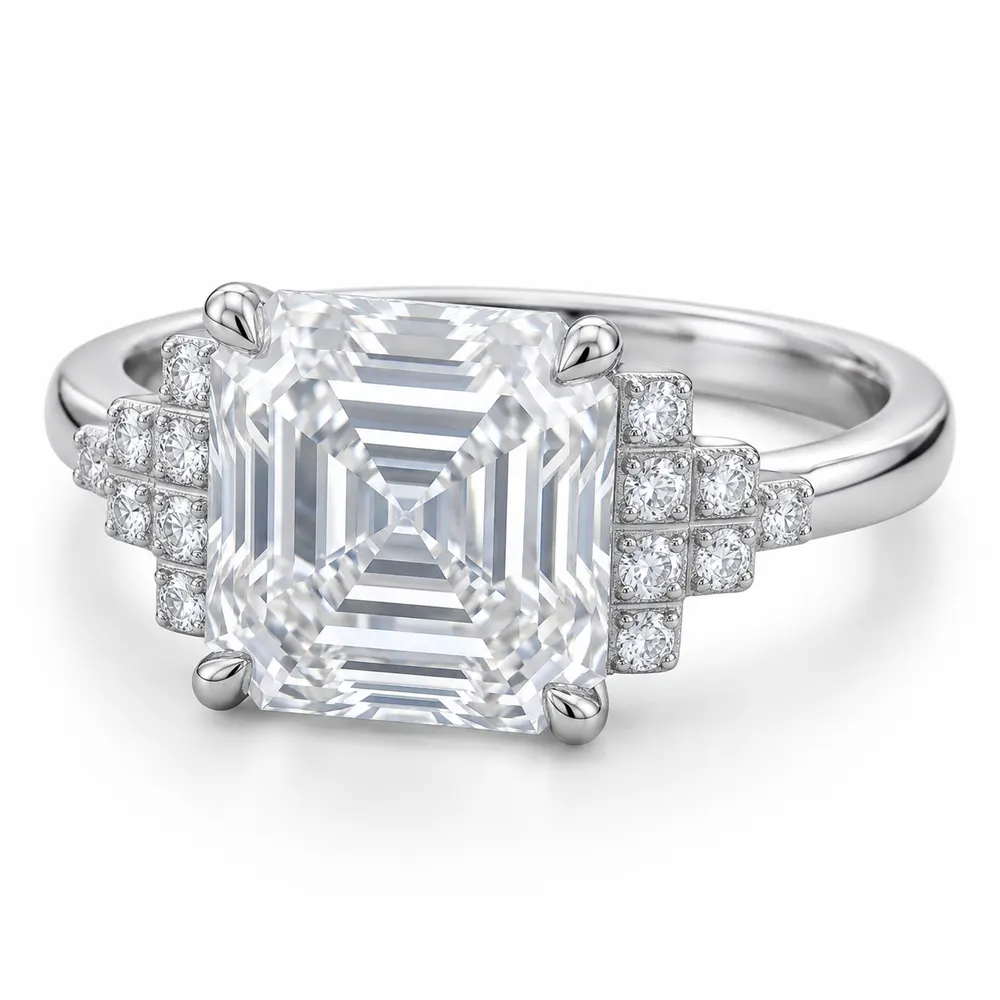Asscher-Cut Stepped Cluster Moissanite Ring