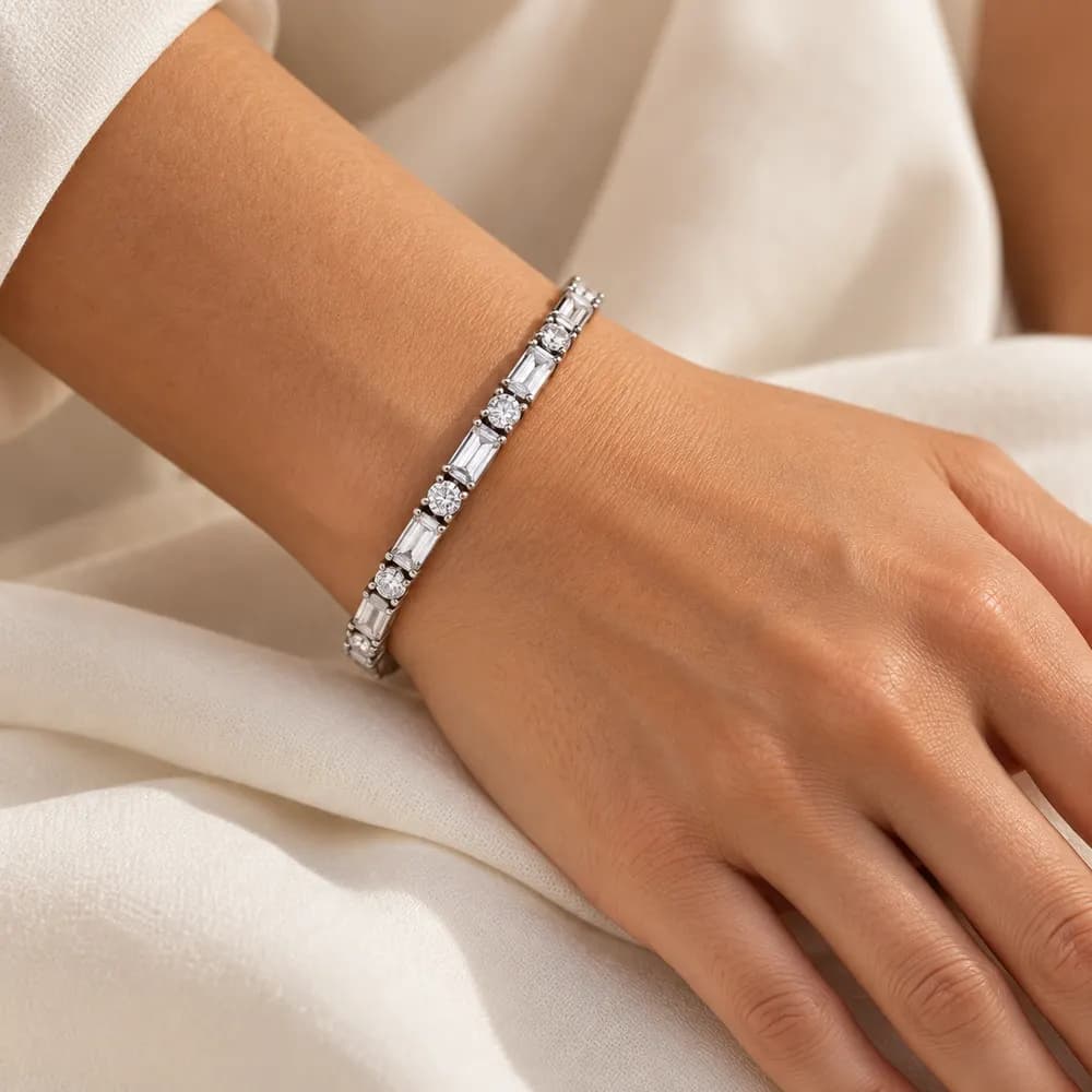 Baguette and Round Moissanite Tennis Bracelet — second view