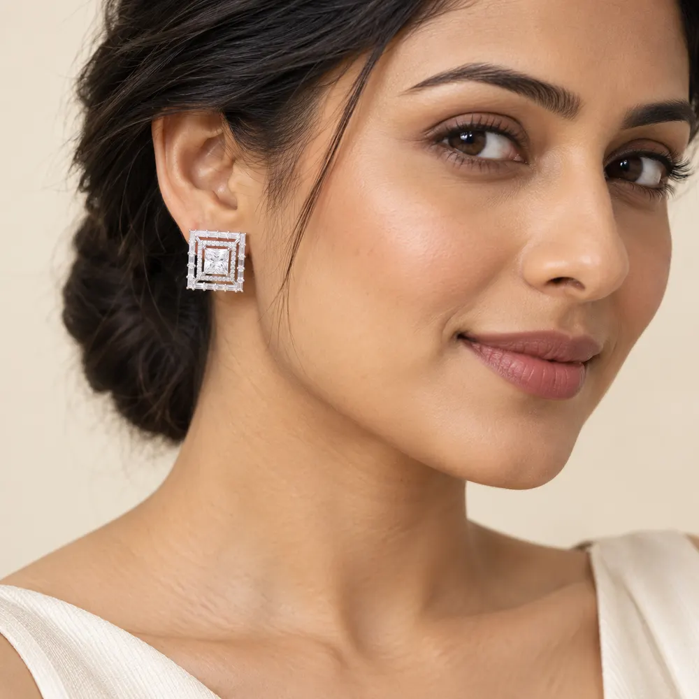Baguette Frame Moissanite Stud Earrings — second view