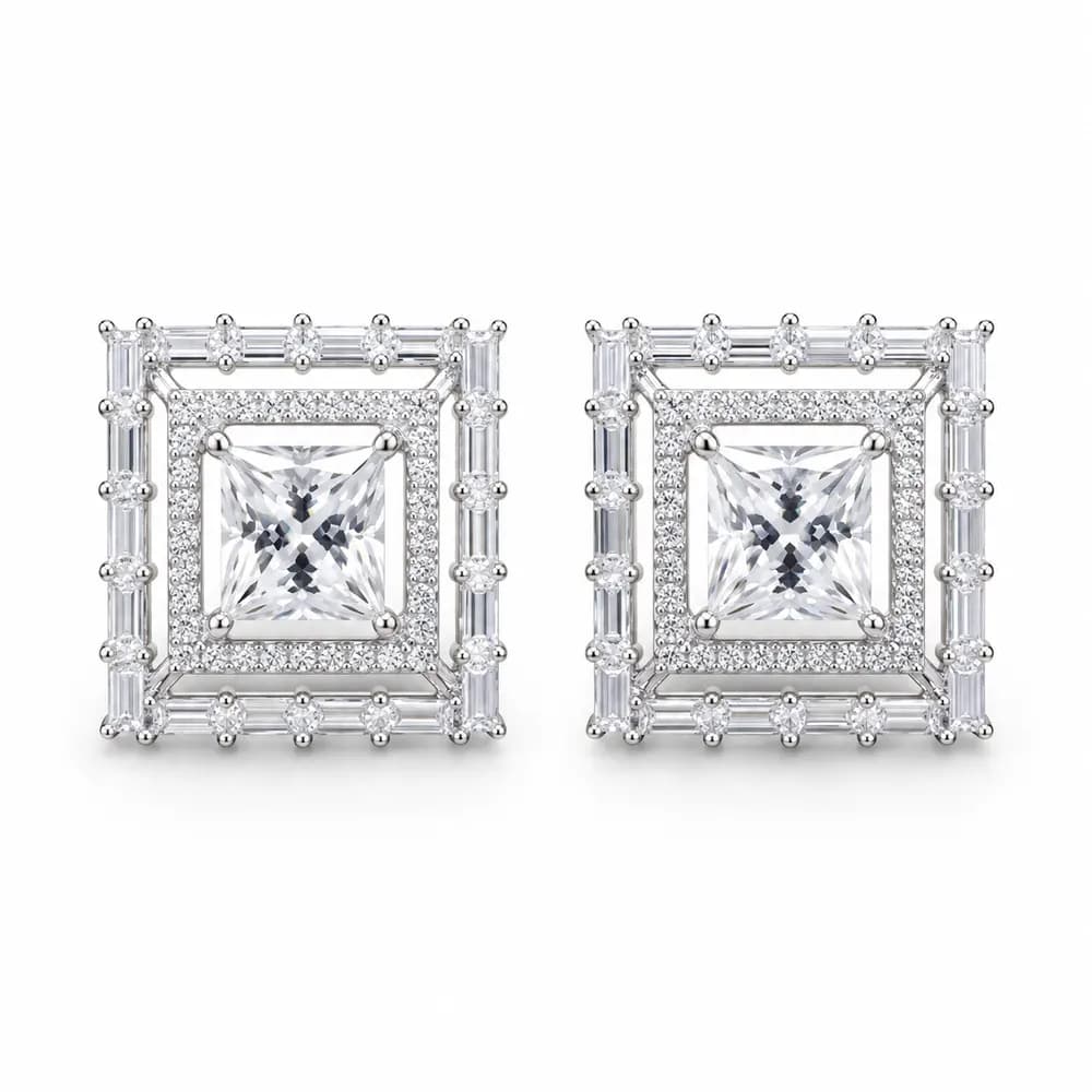 Baguette Frame Moissanite Stud Earrings