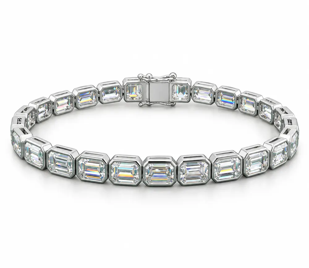 Bezel-Set Emerald-Cut Moissanite Tennis Bracelet