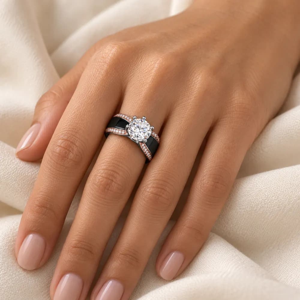Black and Rose Split-Shoulder Solitaire Moissanite Ring — second view