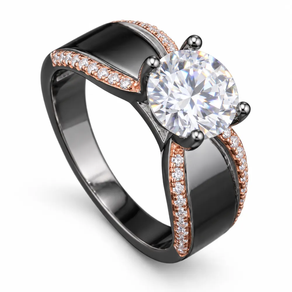 Black and Rose Split-Shoulder Solitaire Moissanite Ring