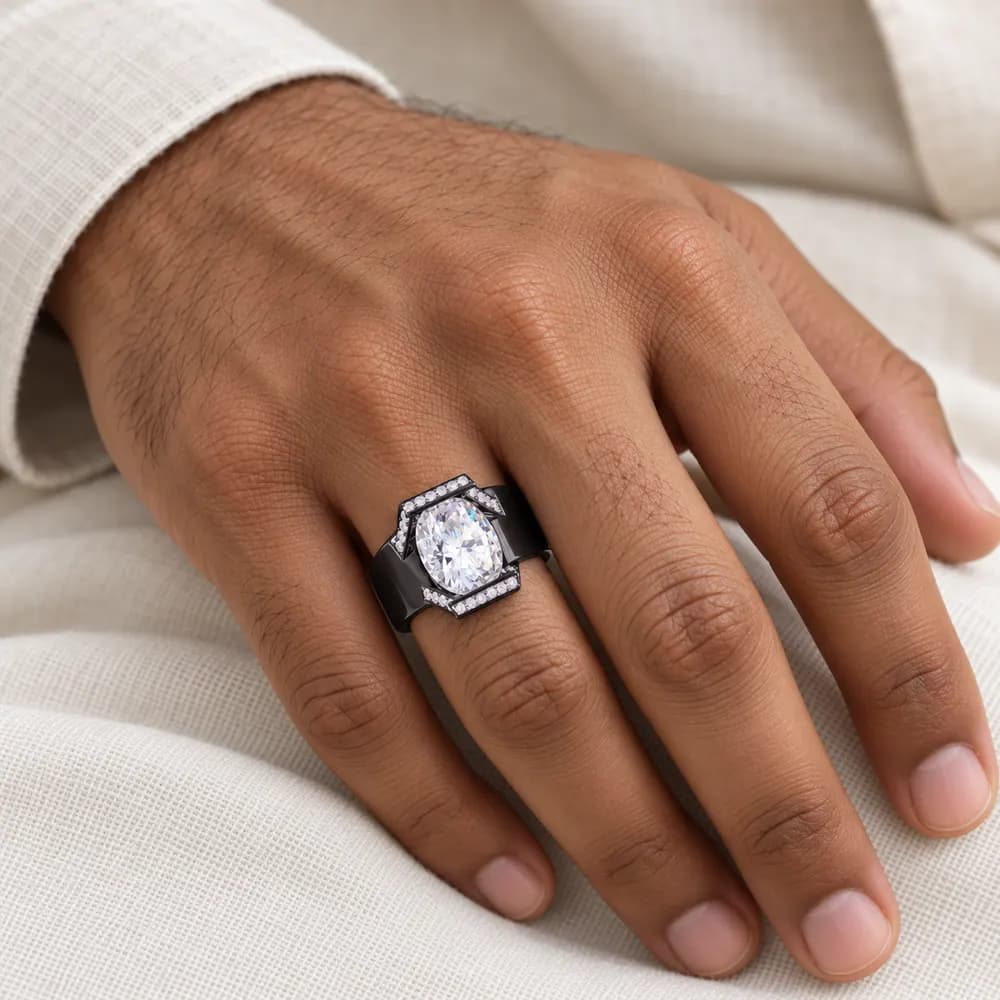 Black-Finish Oval Solitaire Statement Moissanite Ring — second view