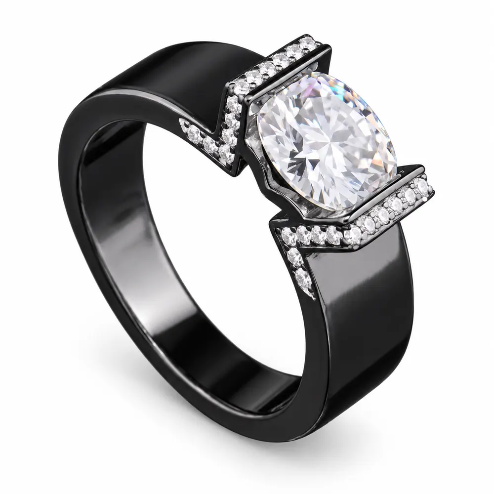 Black-Finish Oval Solitaire Statement Moissanite Ring