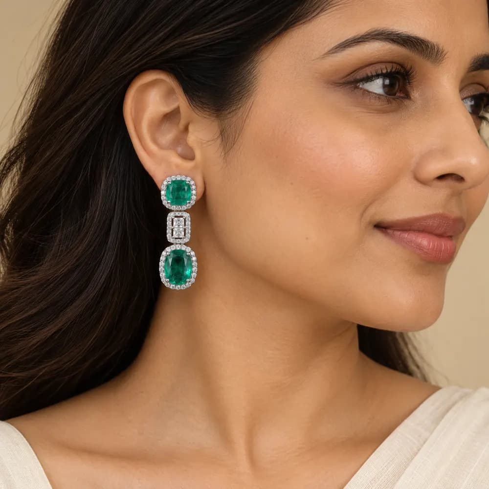 Cascading Emerald Geometric Moissanite Drop Earrings — second view