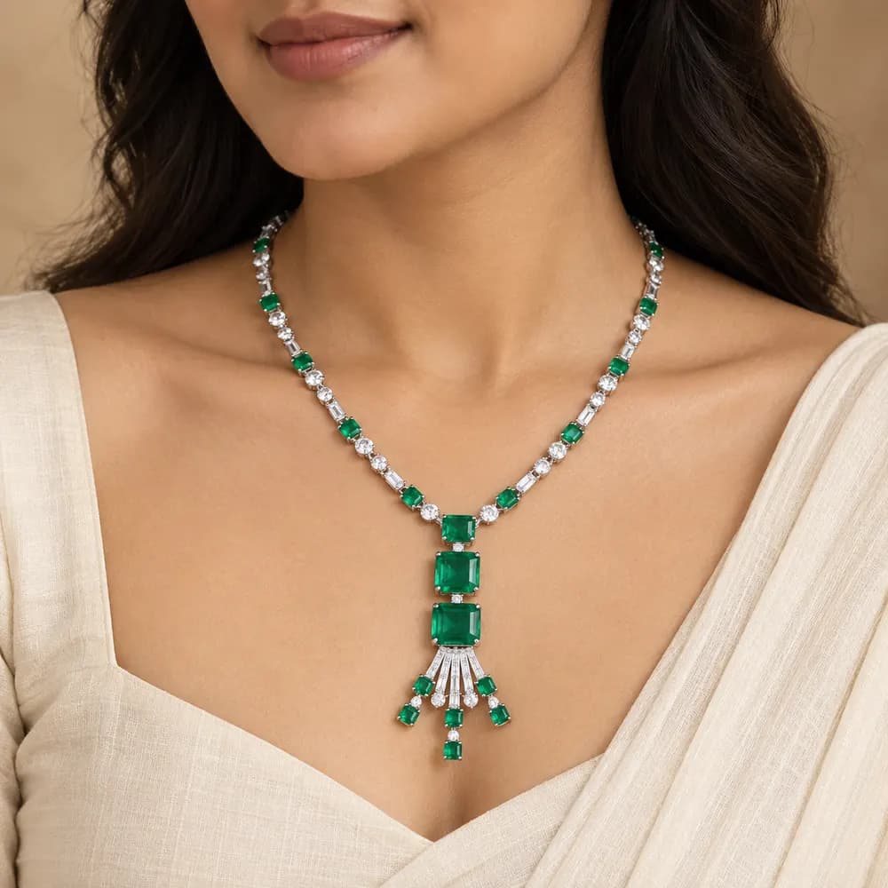Cascading Emerald Tassel Moissanite Necklace — second view