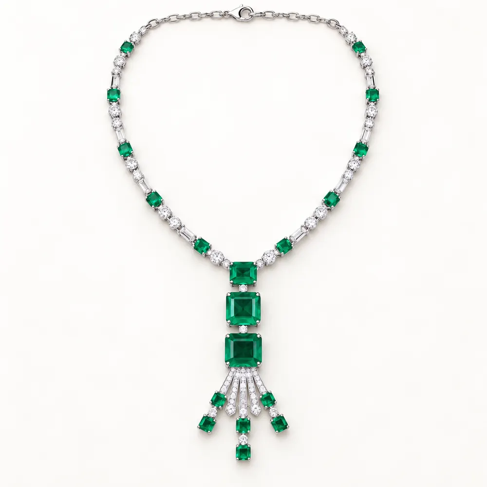 Cascading Emerald Tassel Moissanite Necklace