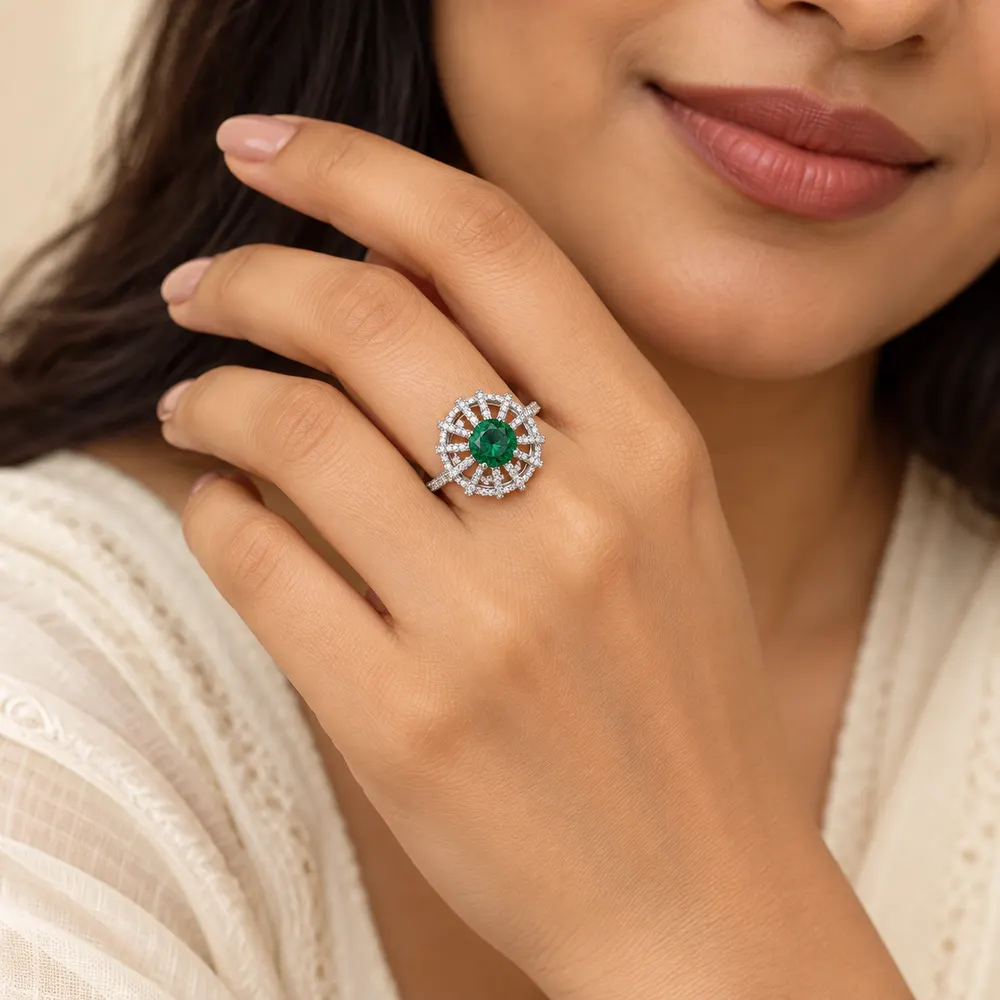 Celestial Emerald Wheel Cluster Moissanite Ring — second view
