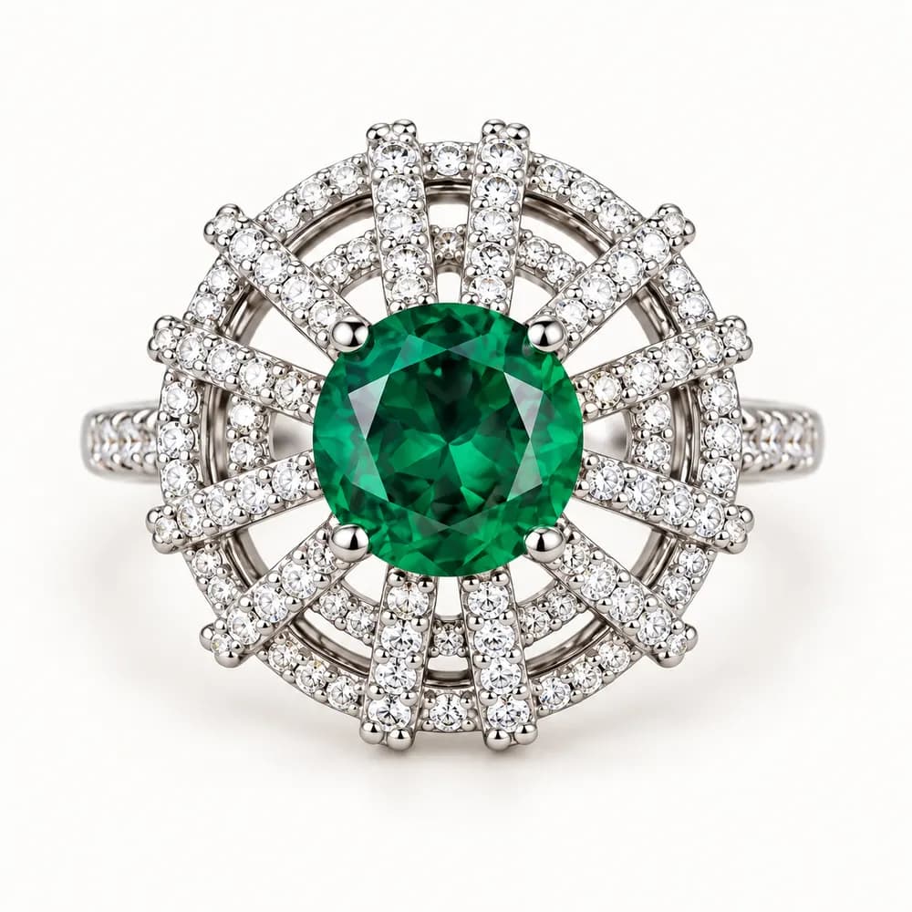 Celestial Emerald Wheel Cluster Moissanite Ring