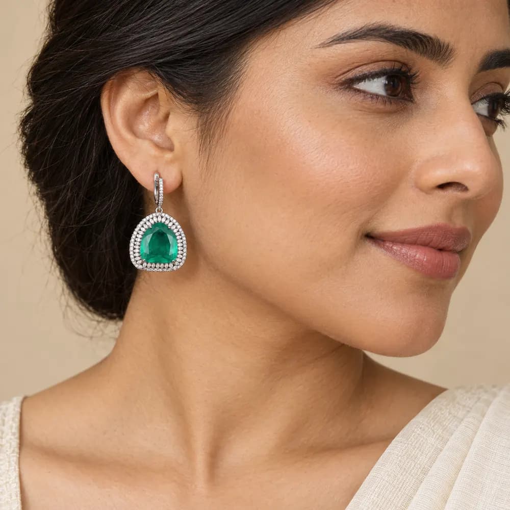 Celestial Geometric Emerald Halo Moissanite Drop Earrings — second view