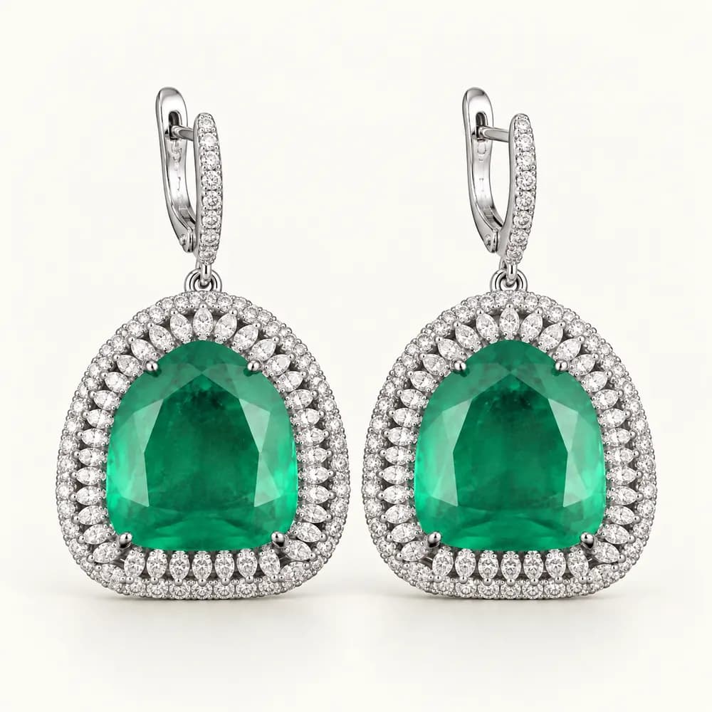 Celestial Geometric Emerald Halo Moissanite Drop Earrings
