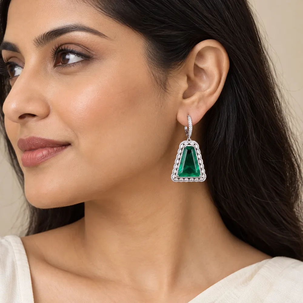 Celestial Trapezoid Emerald Moissanite Drop Earrings — second view