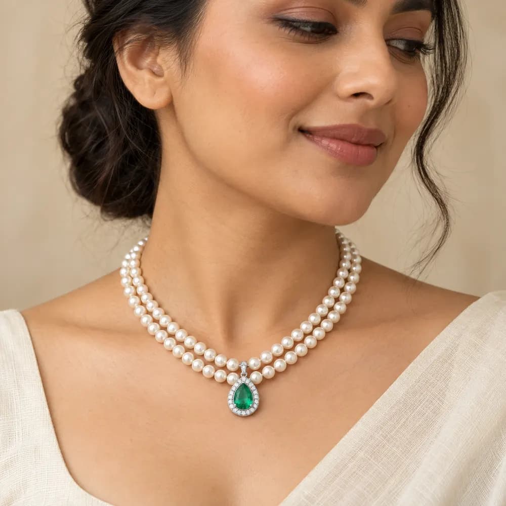 Classic Double Strand Pearl and Emerald Moissanite Necklace — second view