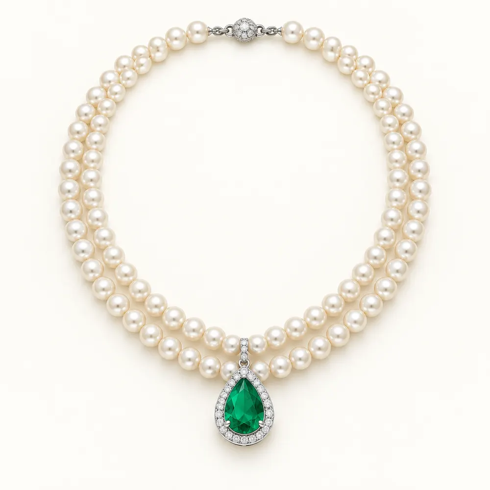 Classic Double Strand Pearl and Emerald Moissanite Necklace