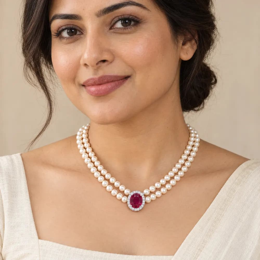 Classic Double Strand Pearl and Ruby Moissanite Necklace — second view