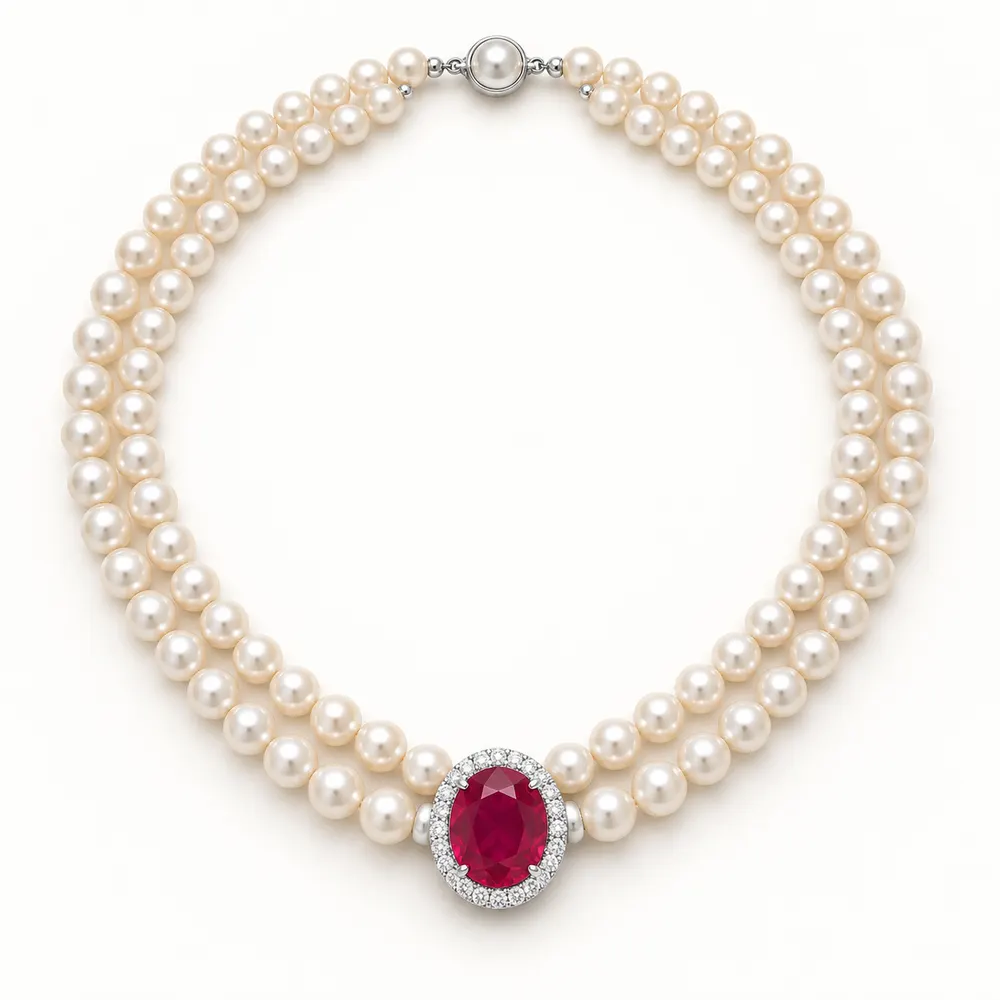 Classic Double Strand Pearl and Ruby Moissanite Necklace