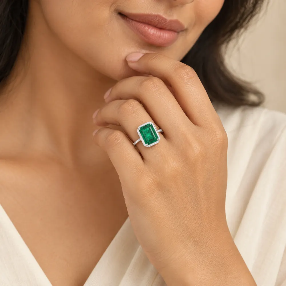 Classic Emerald Rectangular Halo Moissanite Ring — second view