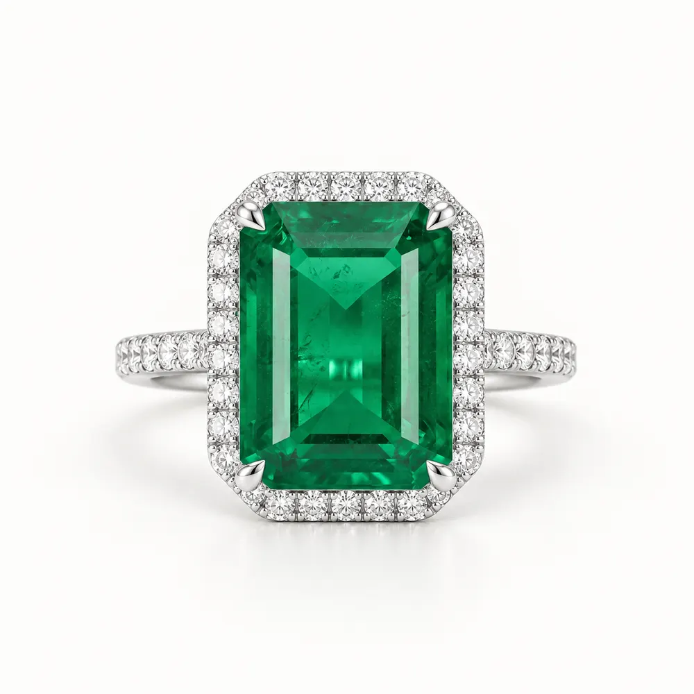 Classic Emerald Rectangular Halo Moissanite Ring