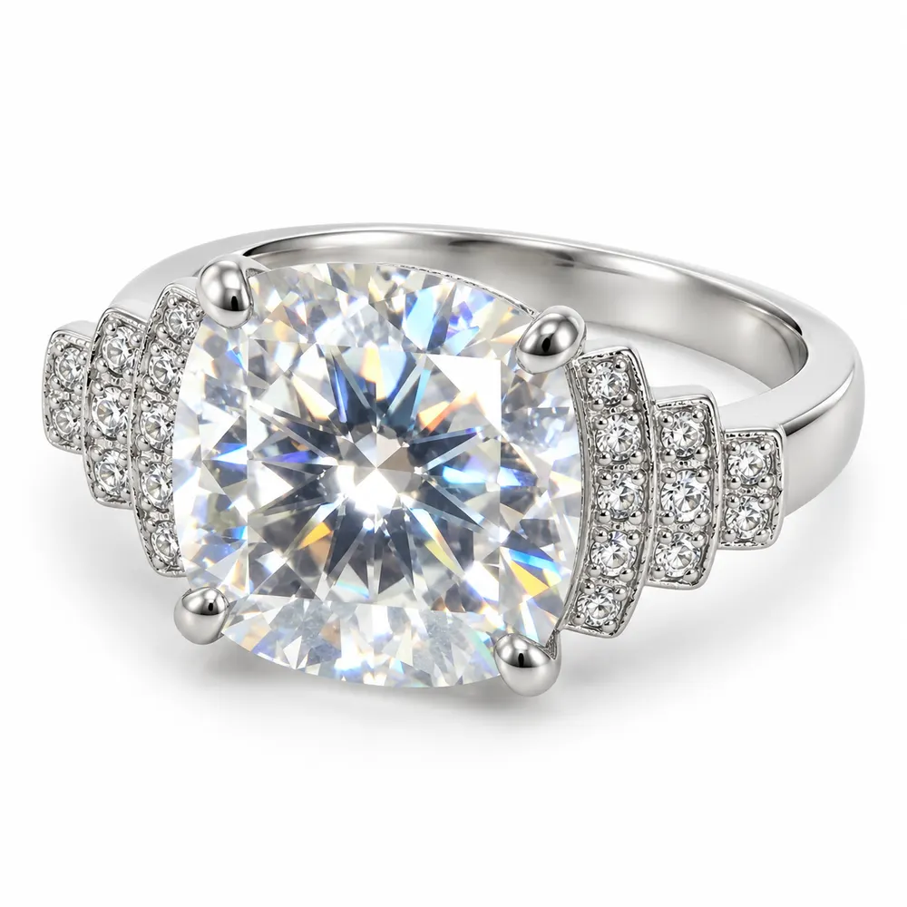 Cushion Centre Stepped Pavé Moissanite Ring