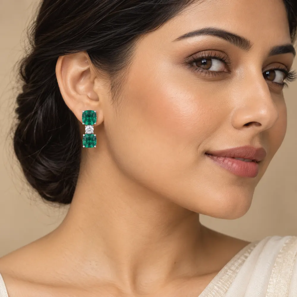 Cushion Emerald Double Moissanite Drop Earrings — second view