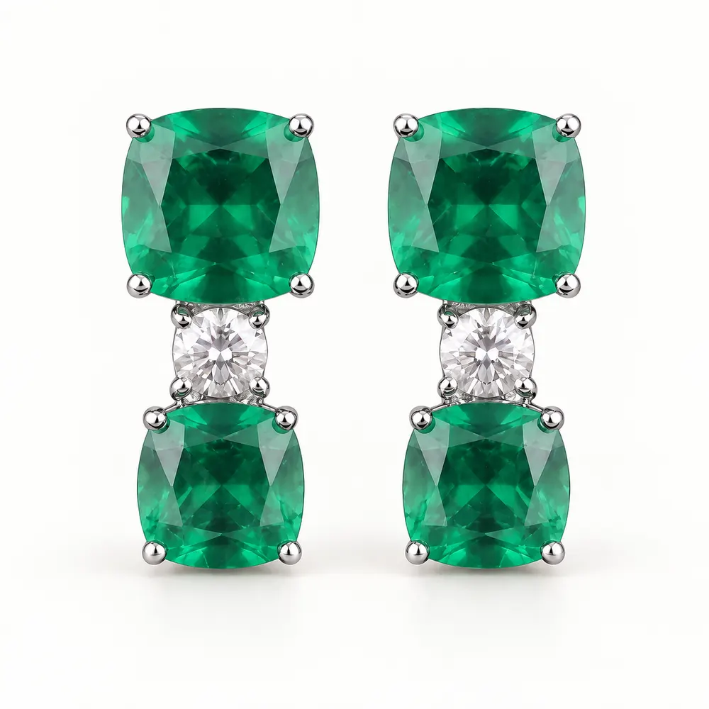 Cushion Emerald Double Moissanite Drop Earrings