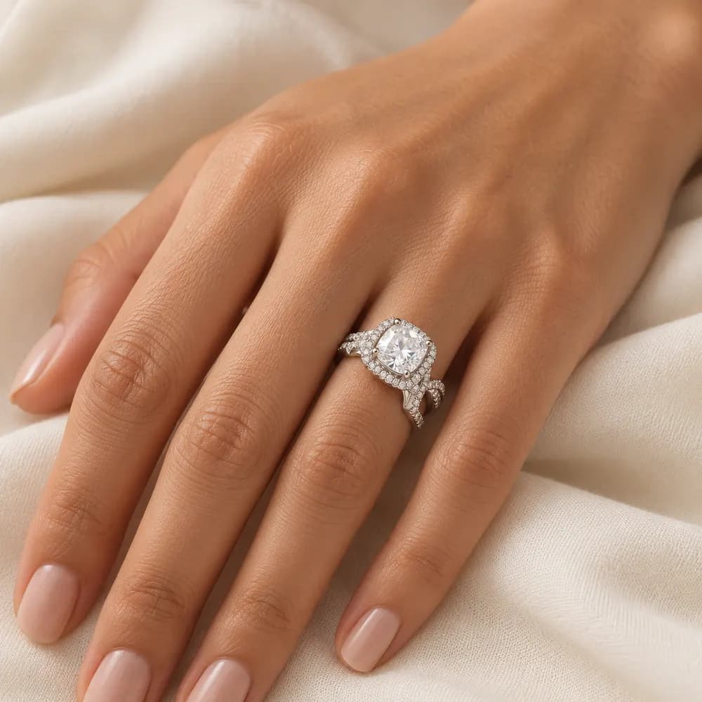 Cushion Halo Bypass Moissanite Ring — second view