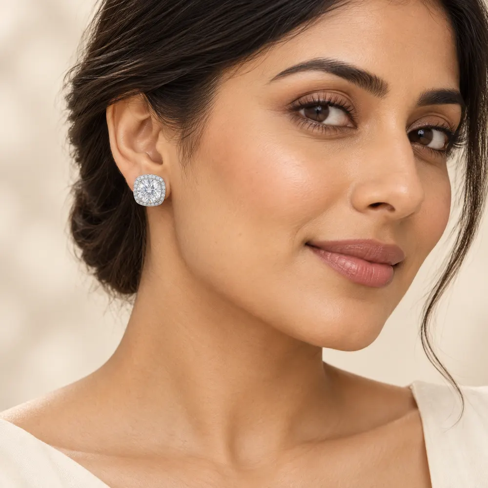 Cushion Halo Moissanite Stud Earrings — second view