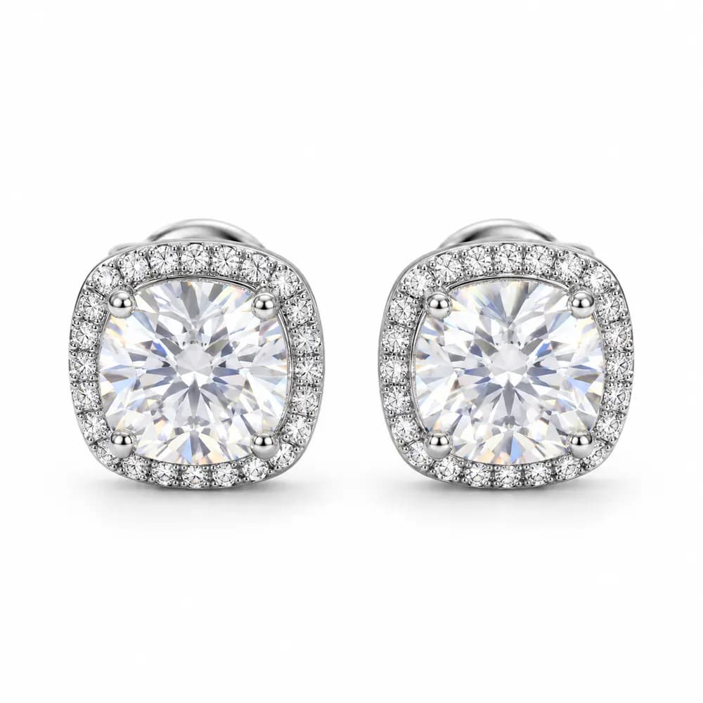 Cushion Halo Moissanite Stud Earrings