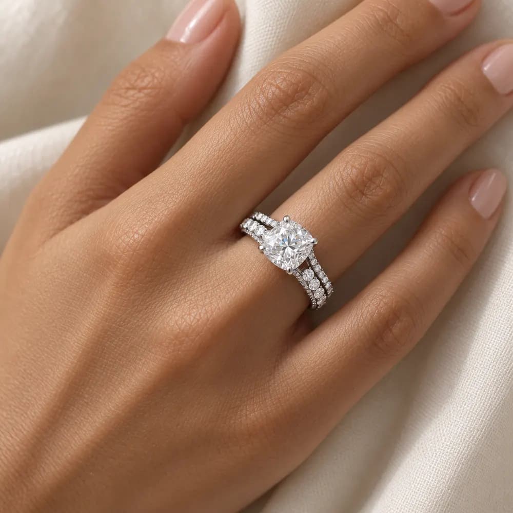 Cushion Solitaire Double Pavé Moissanite Ring — second view