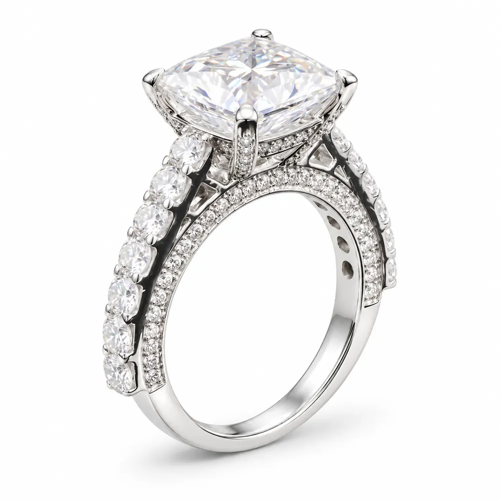 Cushion Solitaire Double Pavé Moissanite Ring