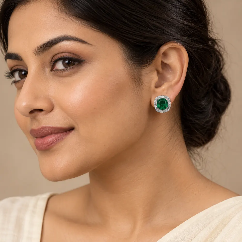Elegant Cushion Emerald Halo Moissanite Stud Earrings — second view