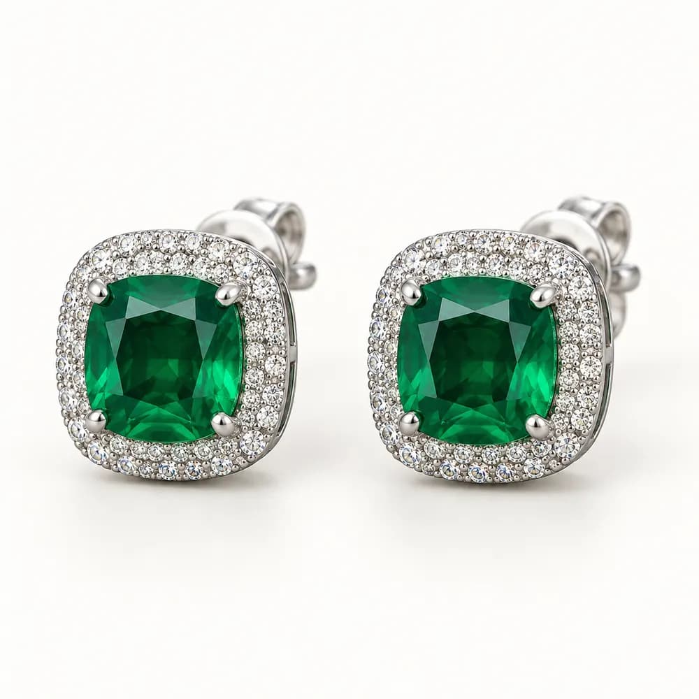 Elegant Cushion Emerald Halo Moissanite Stud Earrings