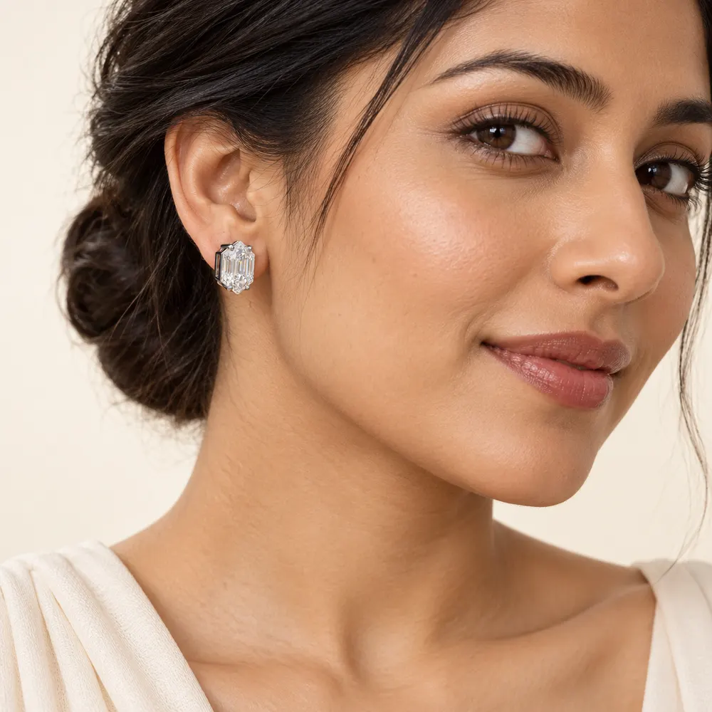 Elongated Hexagon Moissanite Stud Earrings — second view