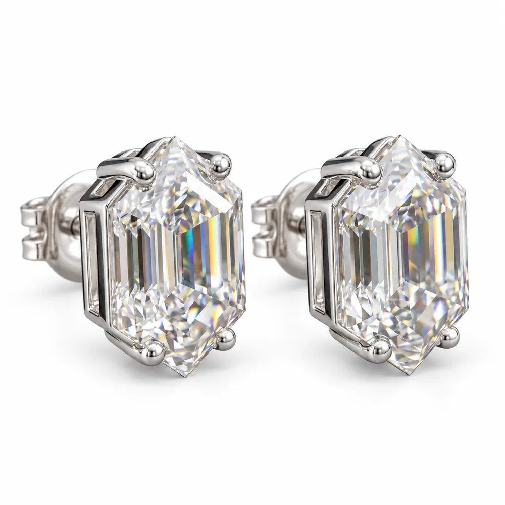 Elongated Hexagon Moissanite Stud Earrings