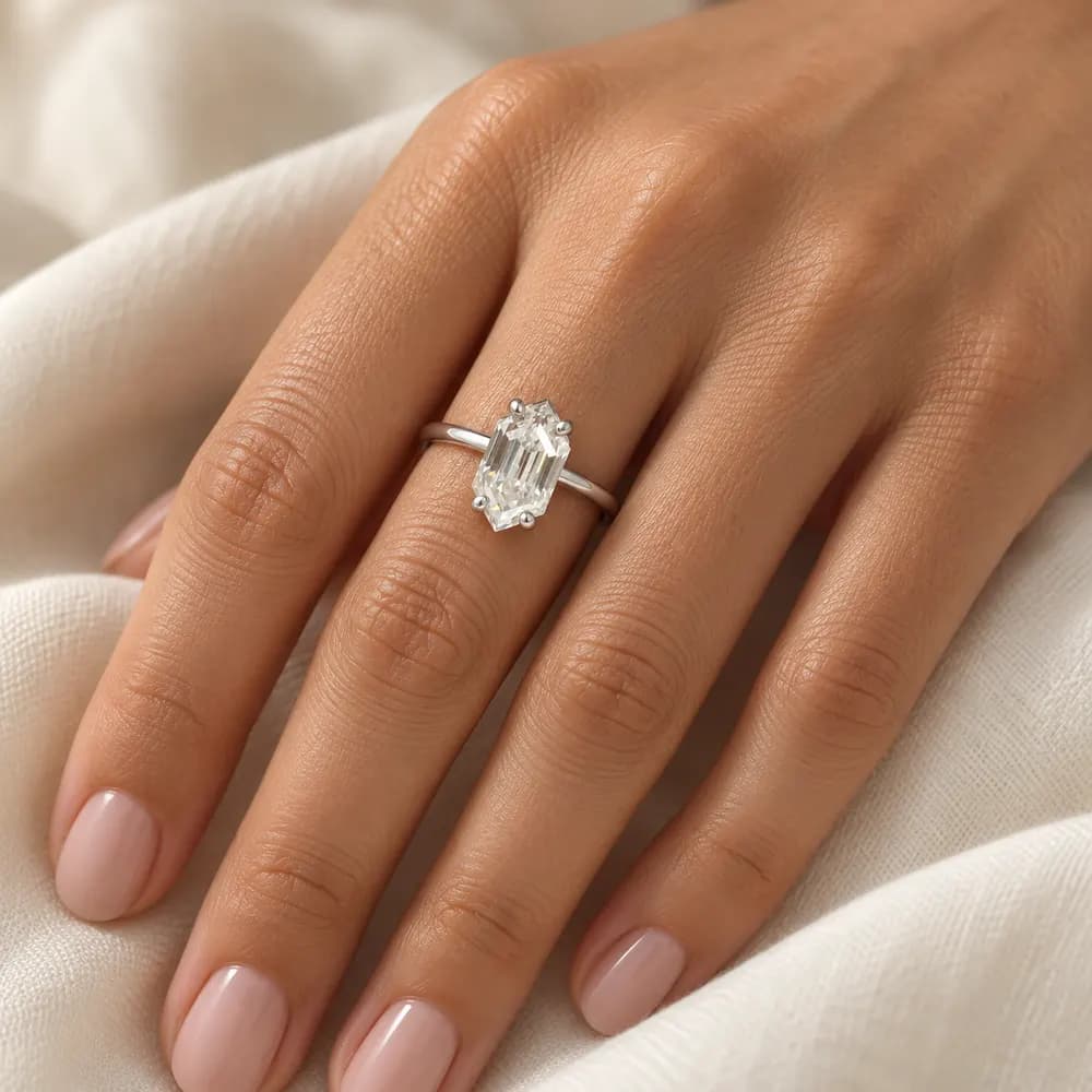 Elongated Hexagon Solitaire Moissanite Ring — second view