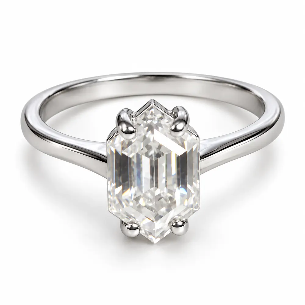 Elongated Hexagon Solitaire Moissanite Ring