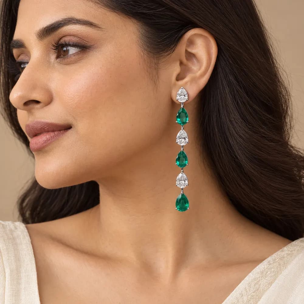 Emerald Alternating Pear Moissanite Chain Earrings — second view